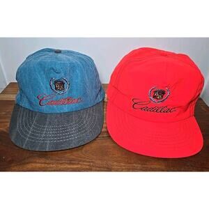 Vintage 90s Cadillac car promo neon red pink Teal nylon strapback hat